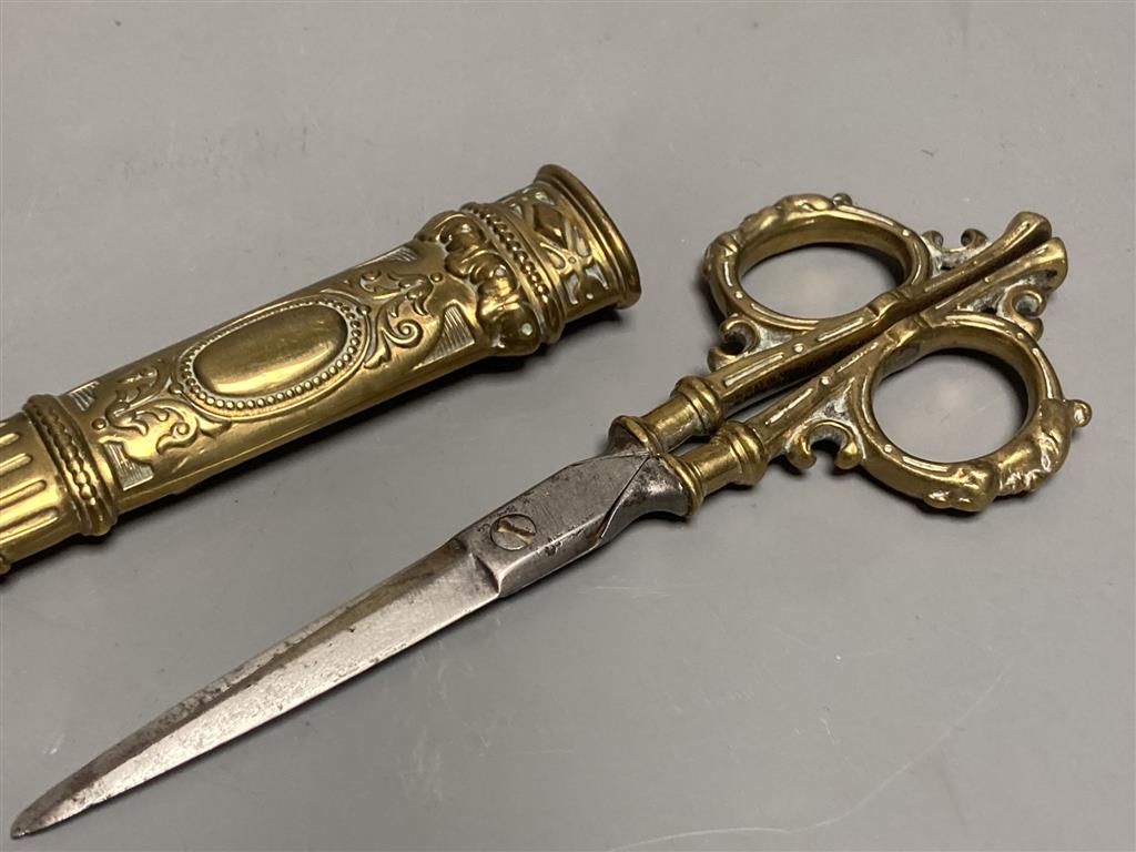 A pair of 18th/19th century Ottoman brass and steel calligraphers scissors with engraved decoration and three other pairs of scissors